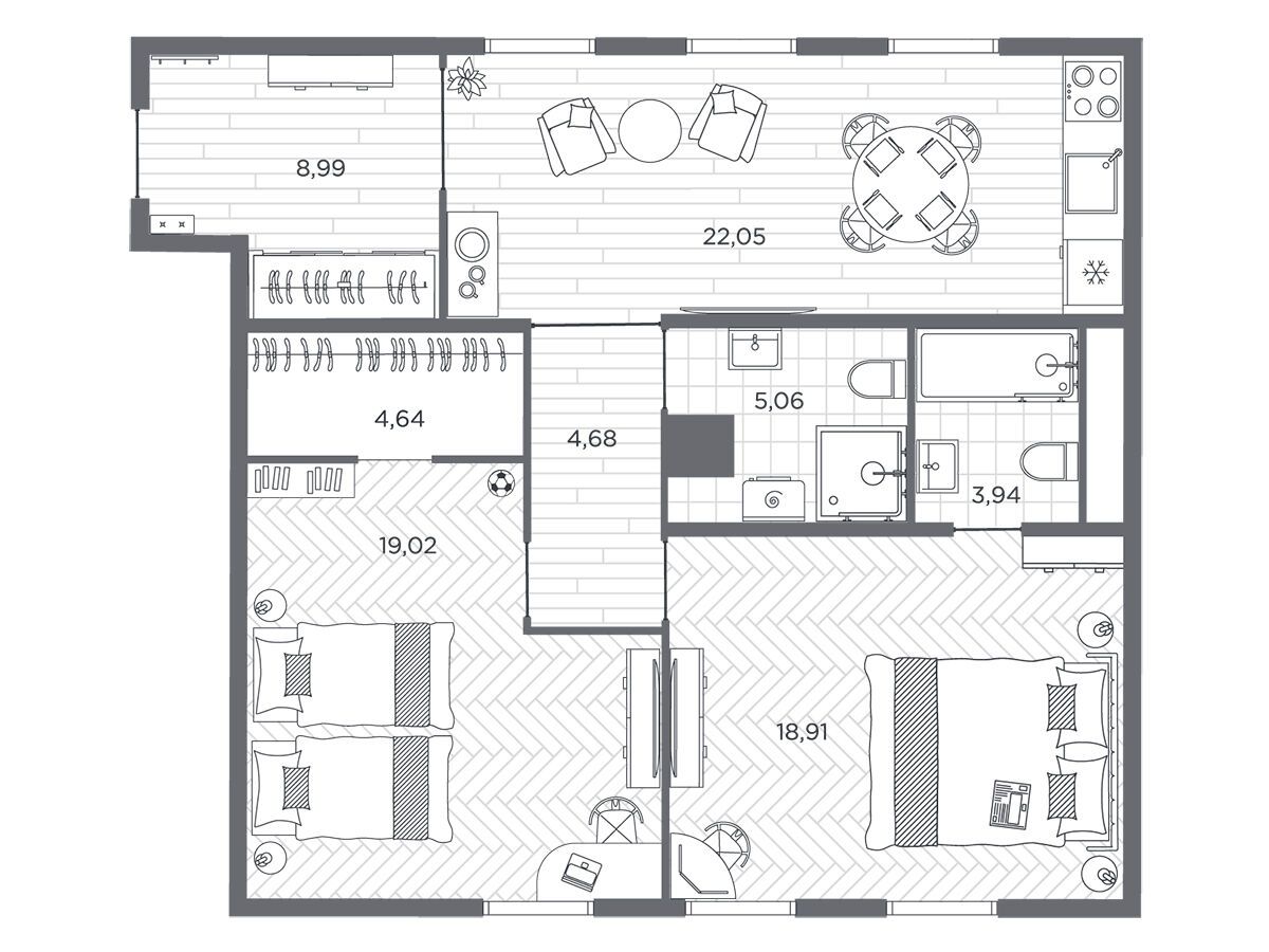 Планировка: 2-комн. квартира 87.30 м² в новостройке Бакунина 33