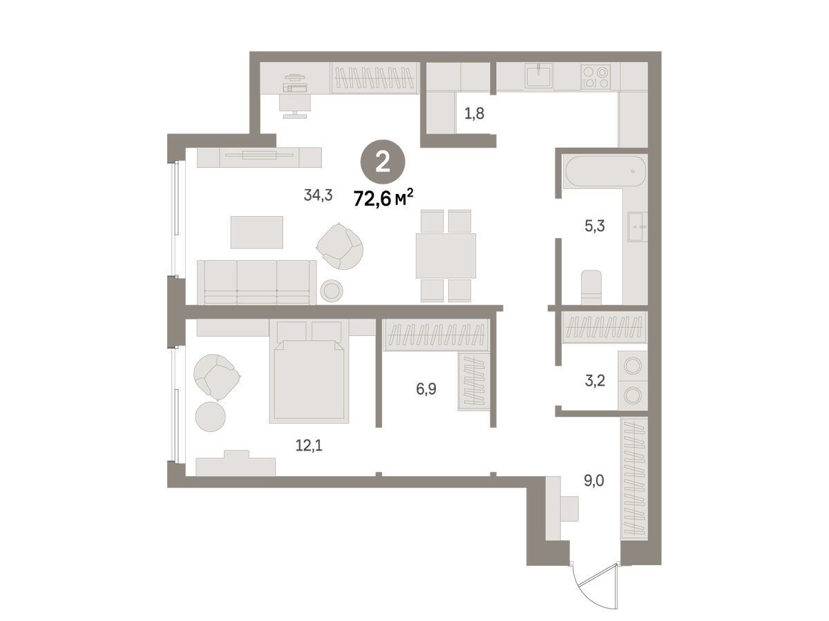 Планировка: 2-комн. квартира 72.60 м² в новостройке Издание