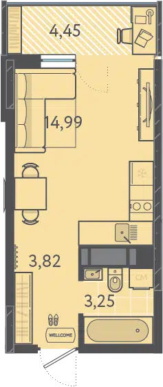 Планировка: Студия 23.40 м² в новостройке Теплые Края 1 очередь