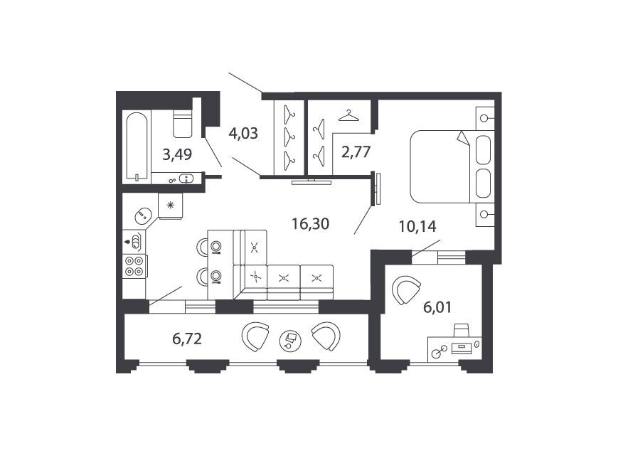 Планировка: 1-комн. квартира 43.10 м² в новостройке Шепилевский