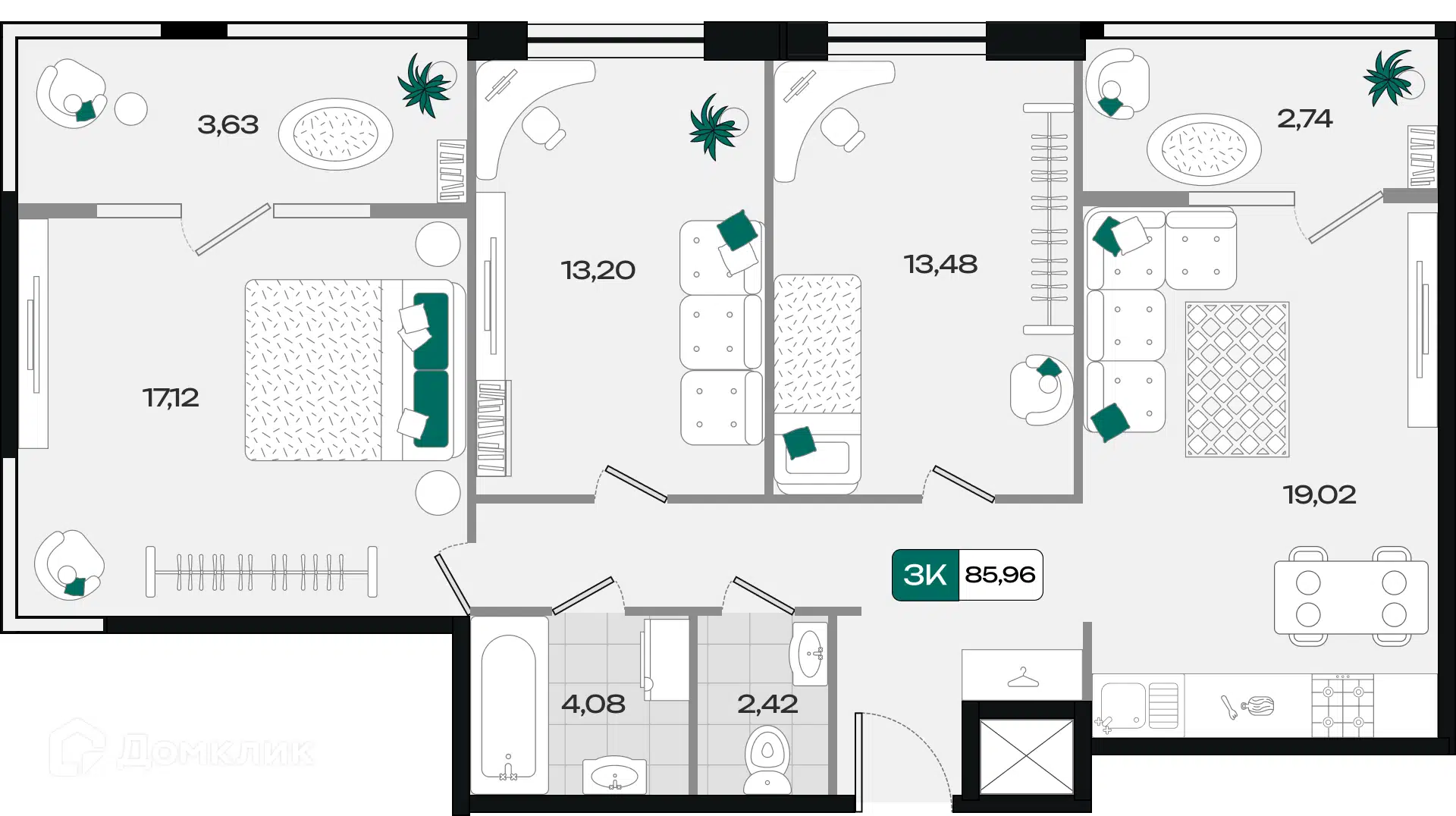 Планировка: 3-комн. квартира 85.96 м² в новостройке Народные Кварталы