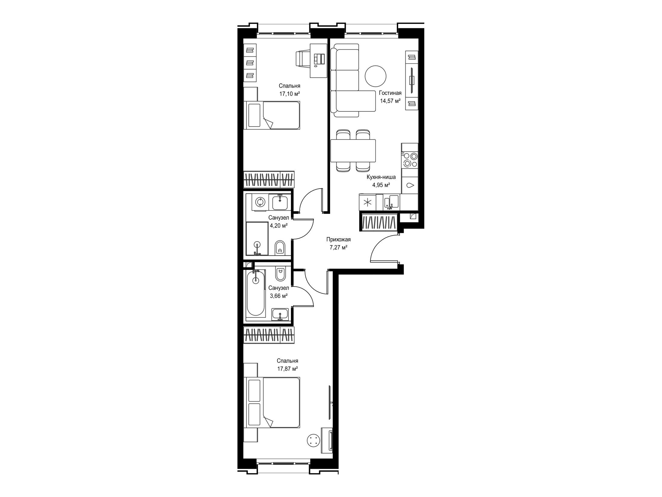 Планировка: 2-комн. квартира 69.62 м² в новостройке ЖК Селигер Сити