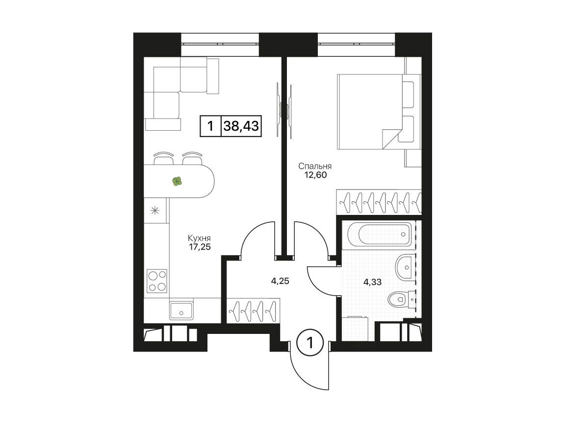 Планировка: 1-комн. квартира 38.43 м² в новостройке Пушкино Град