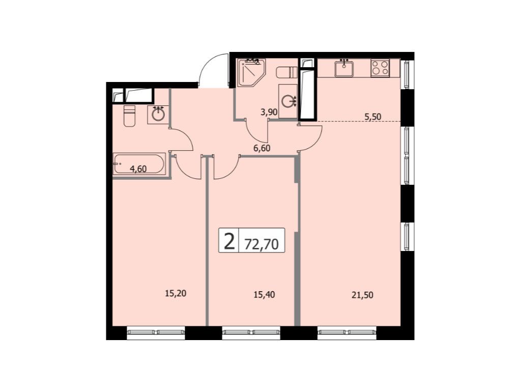 Планировка: 2-комн. квартира 72.70 м² в новостройке Парковый квартал Селф