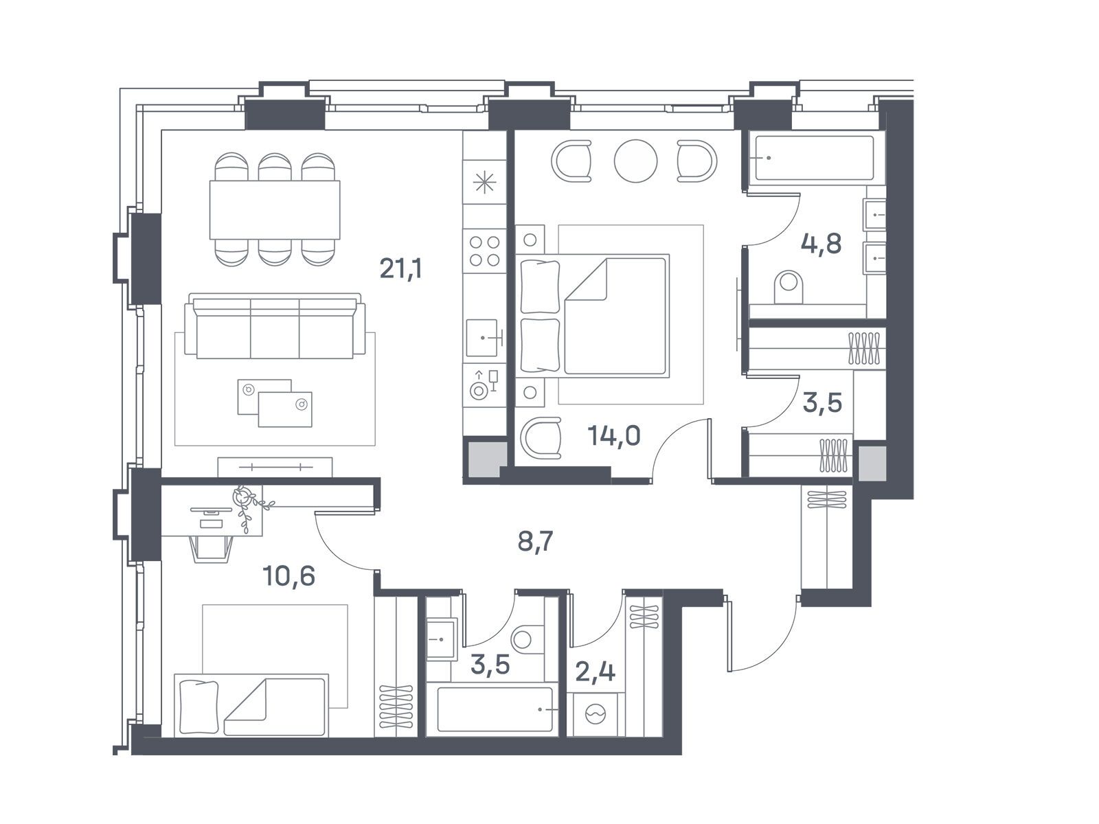 Планировка: 2-комн. квартира 68.60 м² в новостройке Портленд. Дом на берегу
