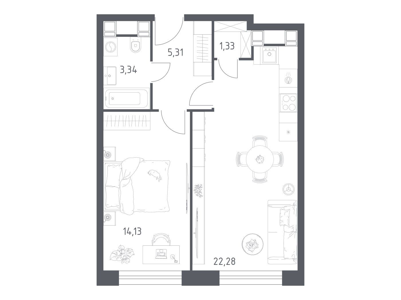 Планировка: 1-комн. квартира 46.39 м² в новостройке Пятницкое 58