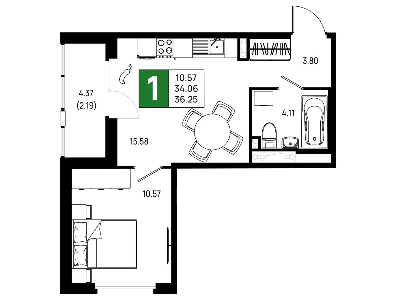 Планировка: 1-комн. квартира 36.25 м² в новостройке Имена