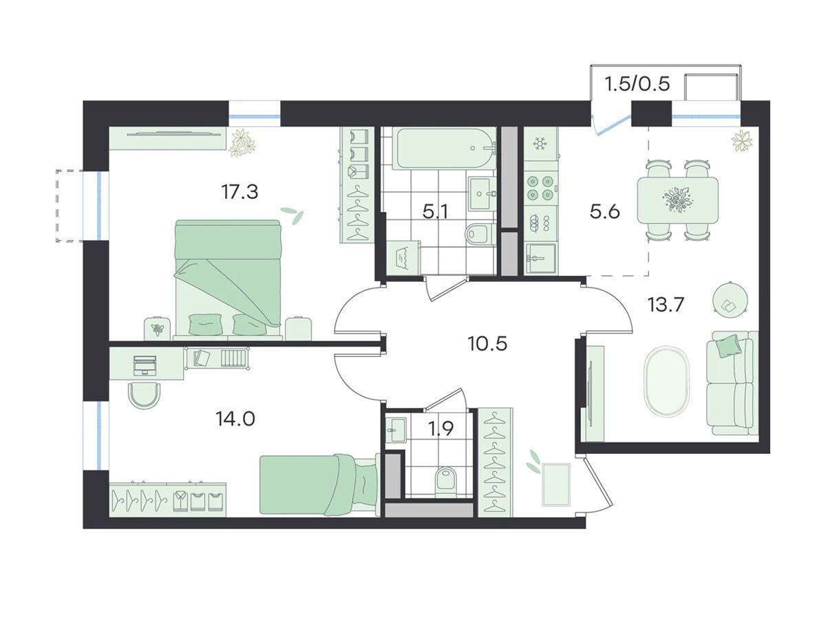 Планировка: 3-комн. квартира 69.50 м² в новостройке Джи Три Театральный