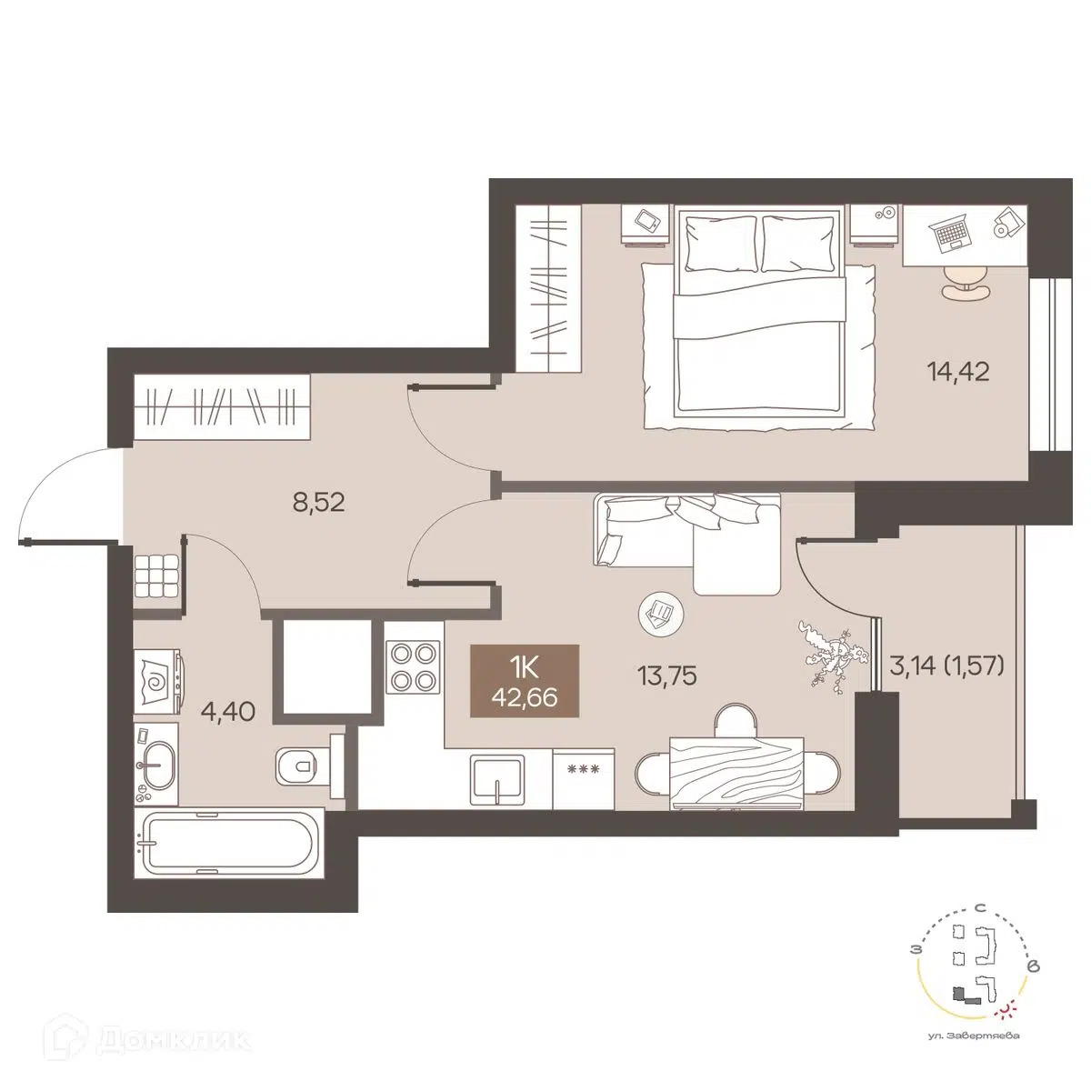 Планировка: 1-комн. квартира 42.66 м² в новостройке Заря на Завертяева