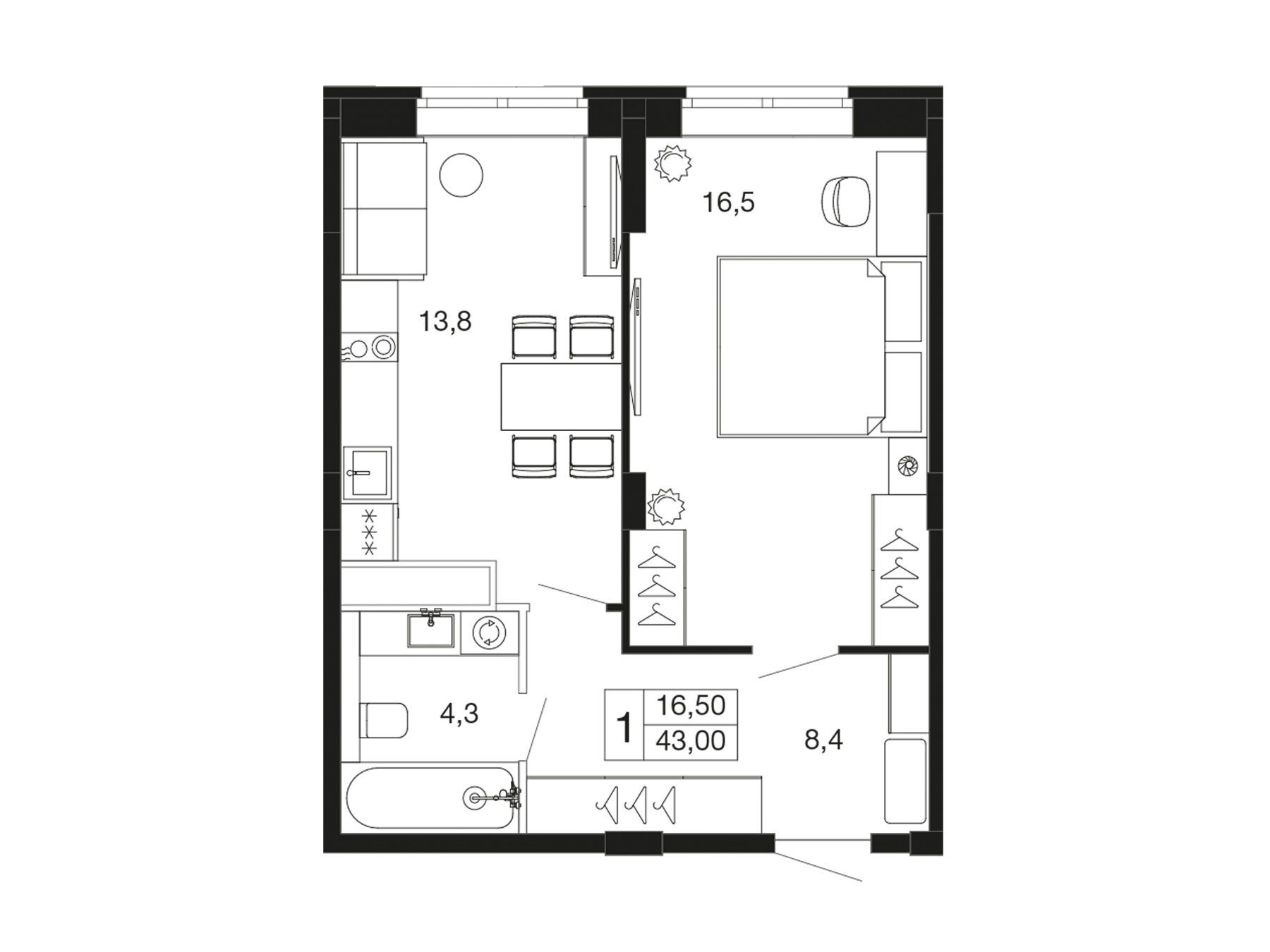 Планировка: 1-комн. квартира 43.00 м² в новостройке ЖК Времена года (Апрелевка)