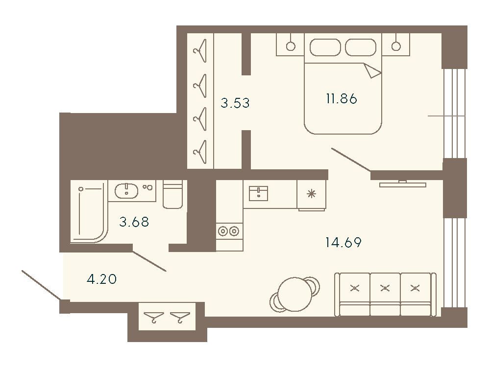 Планировка: 1-комн. квартира 37.96 м² в новостройке 17/33 Петровский остров