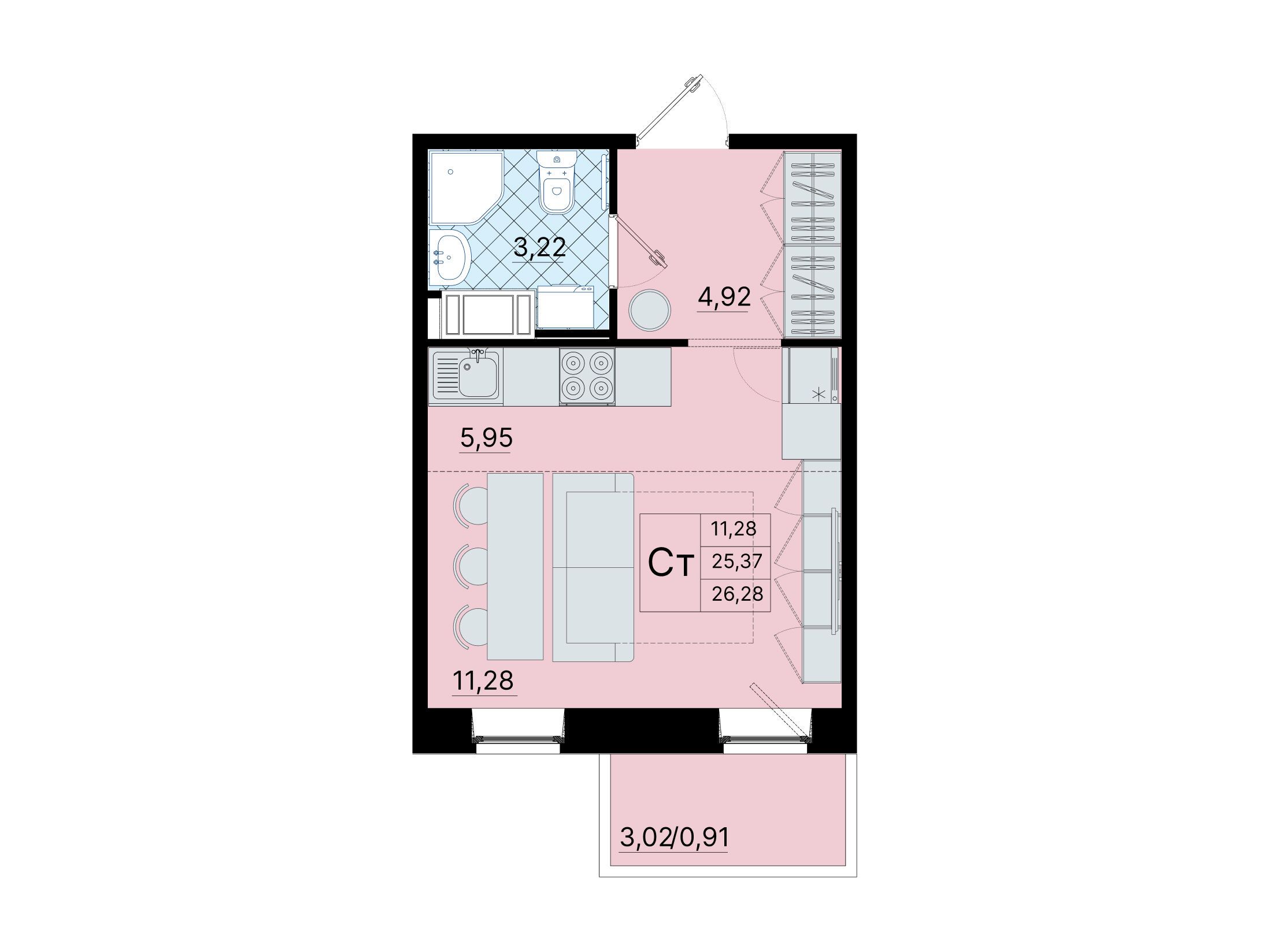 Планировка: Студия 26.30 м² в новостройке Северный меридиан