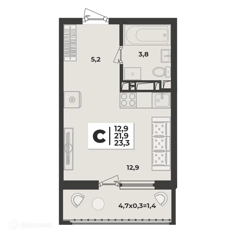 Планировка: Студия 23.30 м² в новостройке Лето