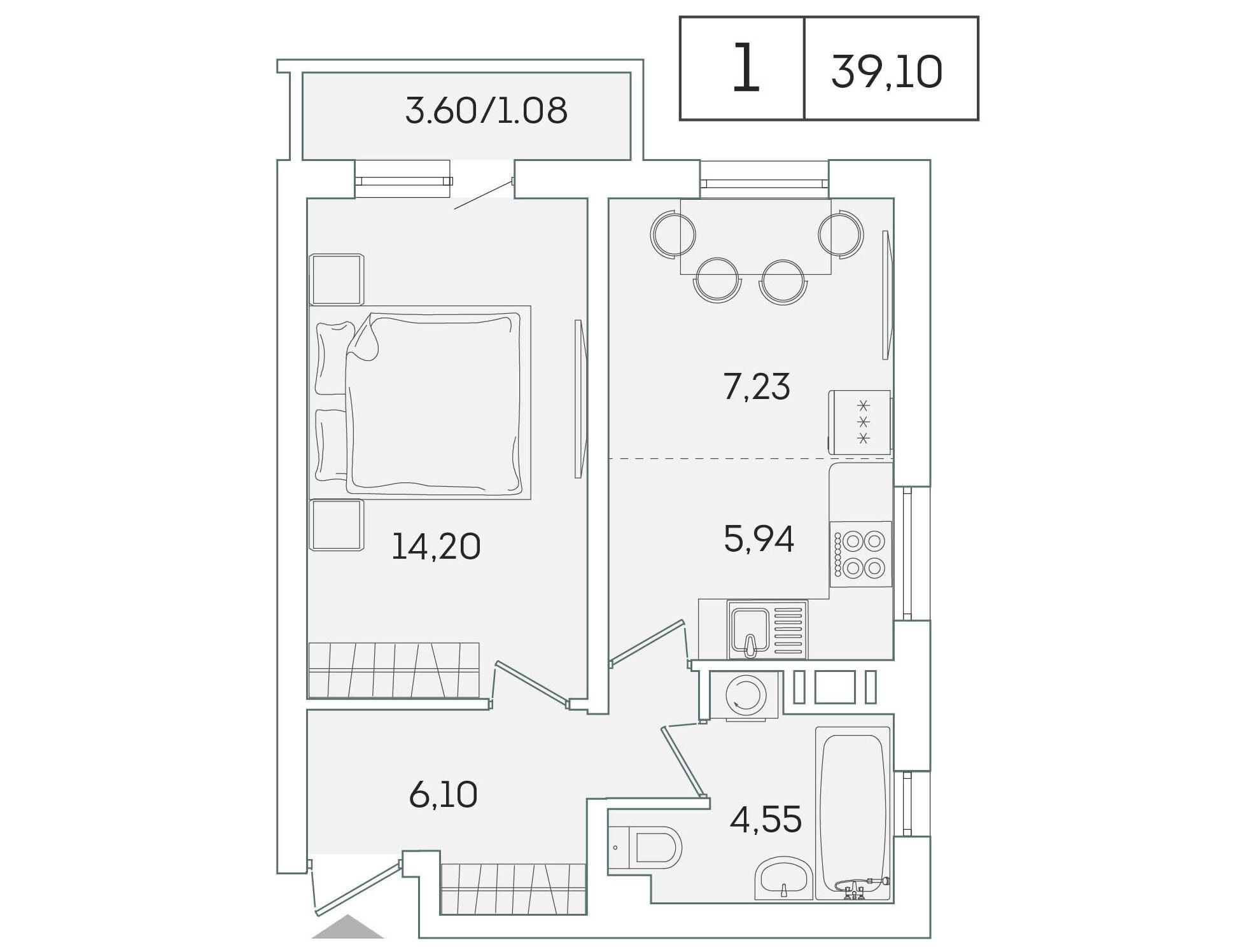 Планировка: 1-комн. квартира 37.90 м² в новостройке Лампо