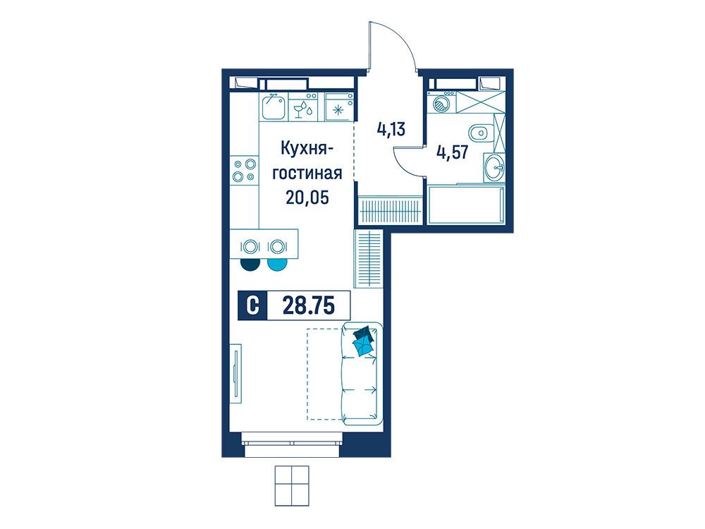 Планировка: Студия 28.75 м² в новостройке Символист