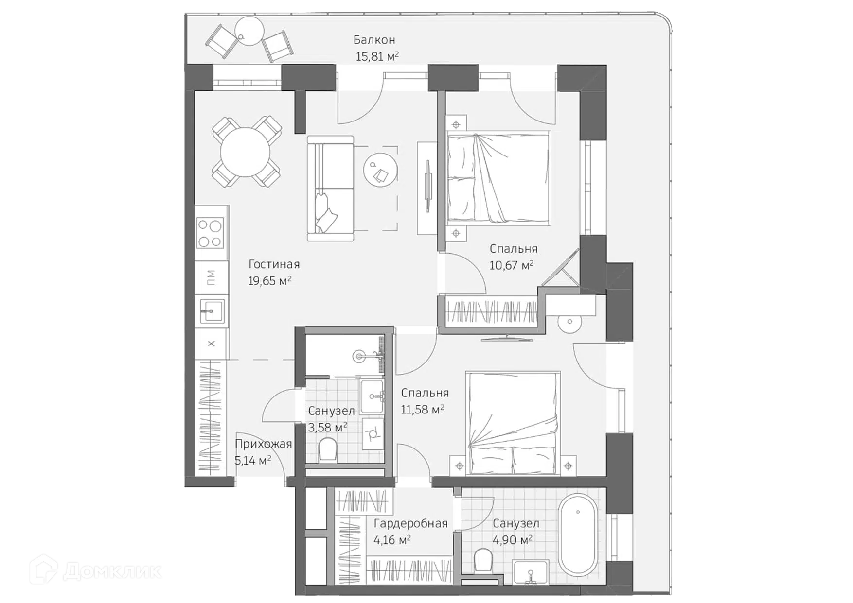Планировка: 3-комн. квартира 75.49 м² в новостройке Реликт