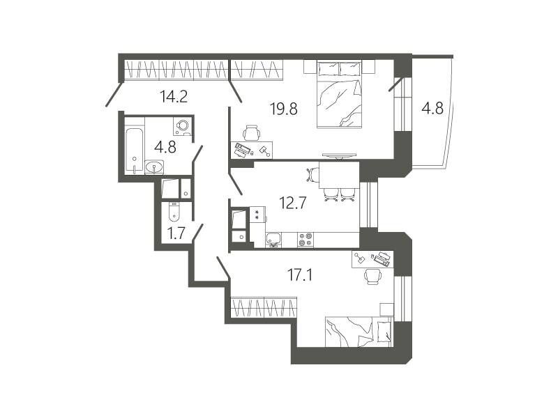 Планировка: 2-комн. квартира 71.70 м² в новостройке Мессиер 18