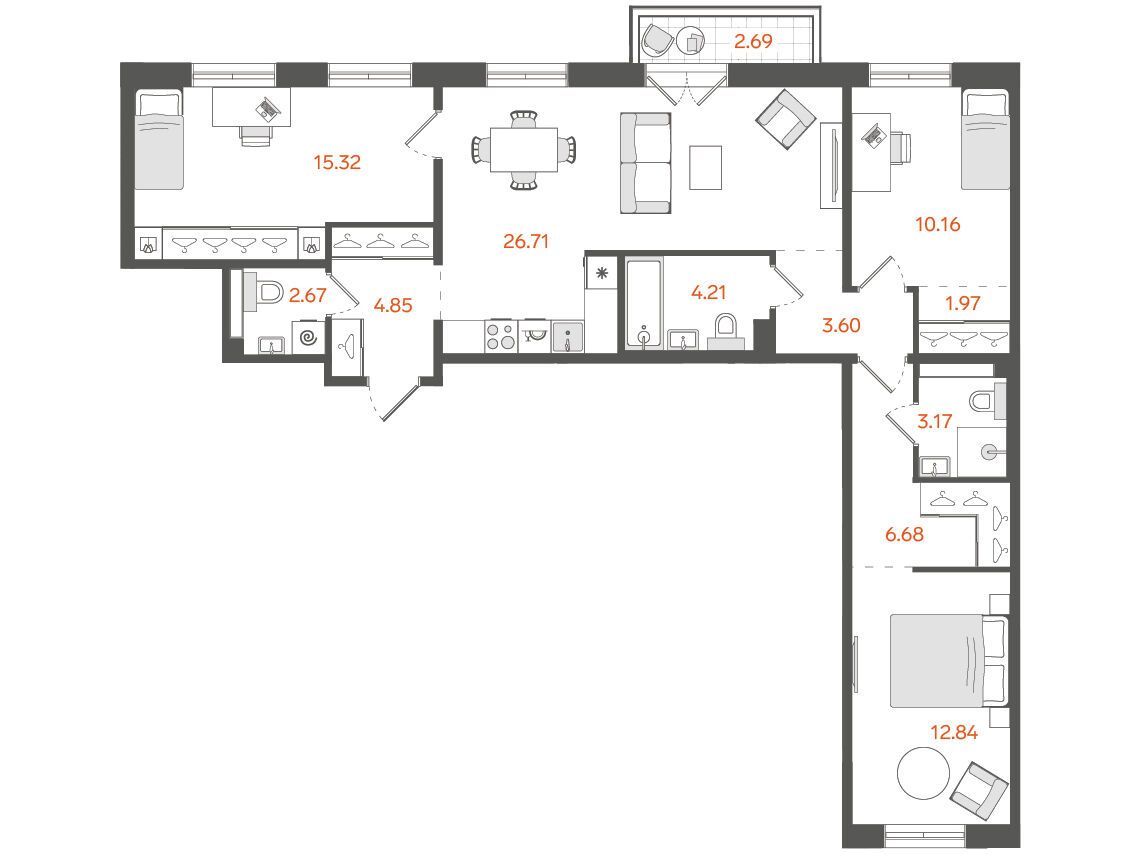Планировка: 3-комн. квартира 93.00 м² в новостройке Ставни Обводный