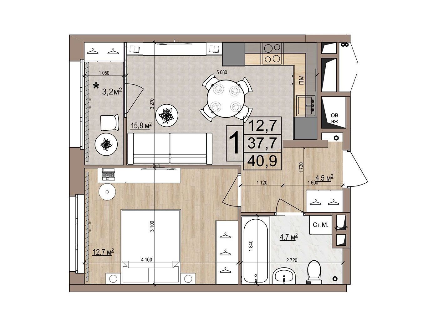 Планировка: 1-комн. квартира 40.90 м² в новостройке Гранд Комфорт