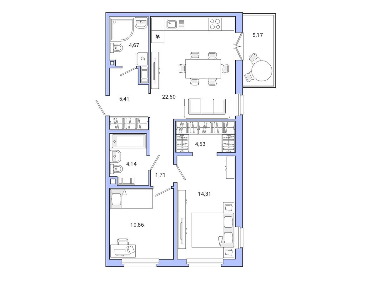 Планировка: 2-комн. квартира 70.00 м² в новостройке АйКью Гатчина