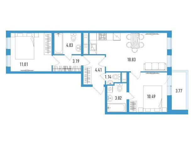 Планировка: 2-комн. квартира 58.80 м² в новостройке Аэросити Клаб