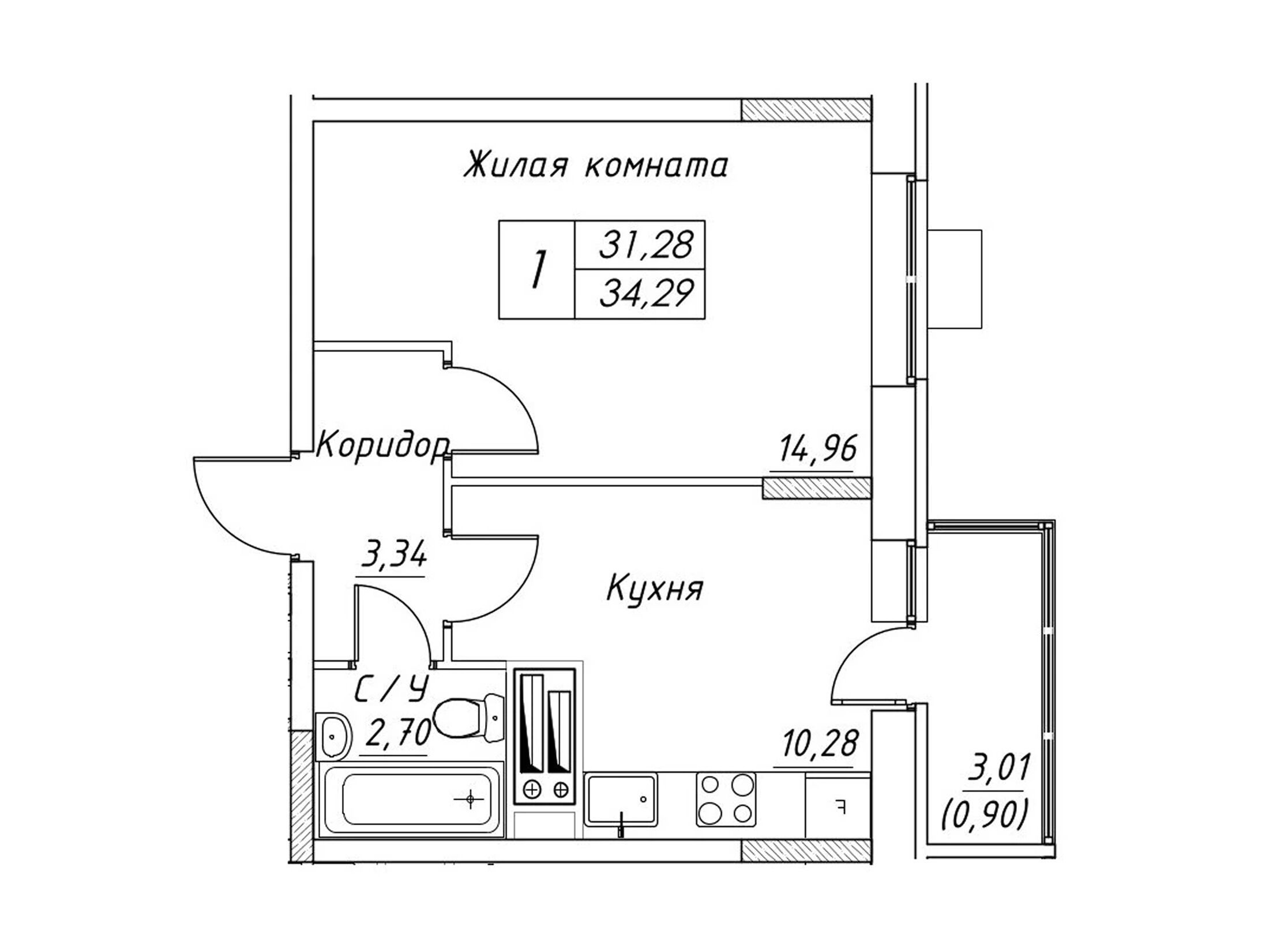 Планировка: 1-комн. квартира 34.29 м² в новостройке Большевик (Дмитров)