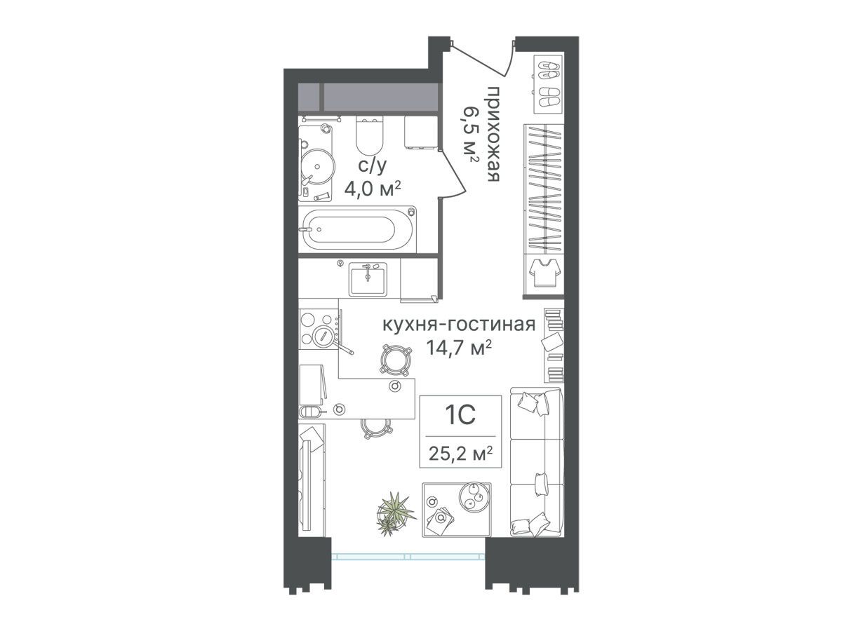 Планировка: Студия 25.20 м² в новостройке Варшавские ворота