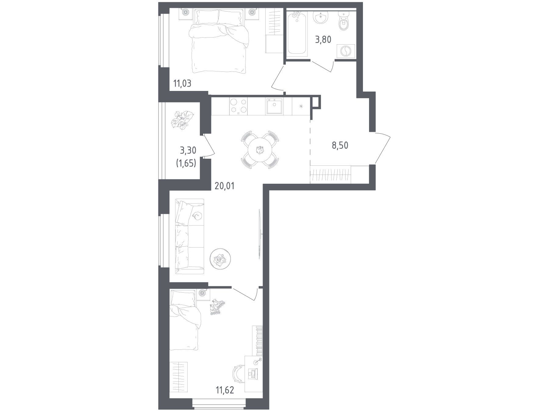 Планировка: 2-комн. квартира 56.61 м² в новостройке Южная Нева