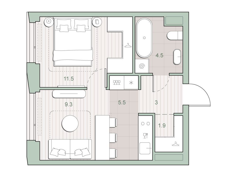 Планировка: 1-комн. квартира 35.70 м² в новостройке Среда на Лобачевского