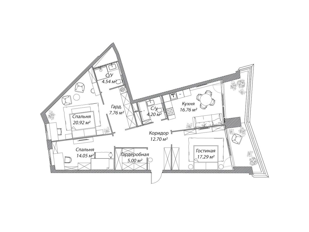 Планировка: 4-комн. квартира 103.30 м² в новостройке Рублево