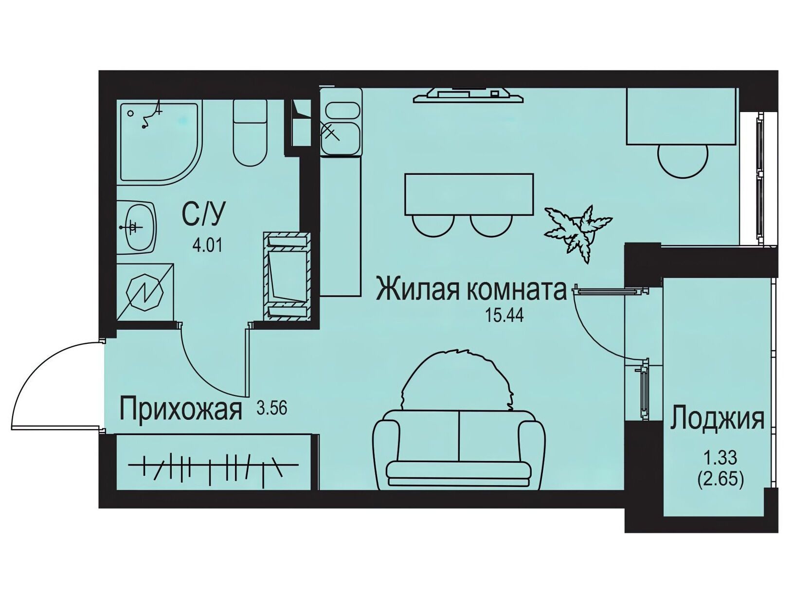 Планировка: Студия 24.34 м² в новостройке Айди Кудрово 2