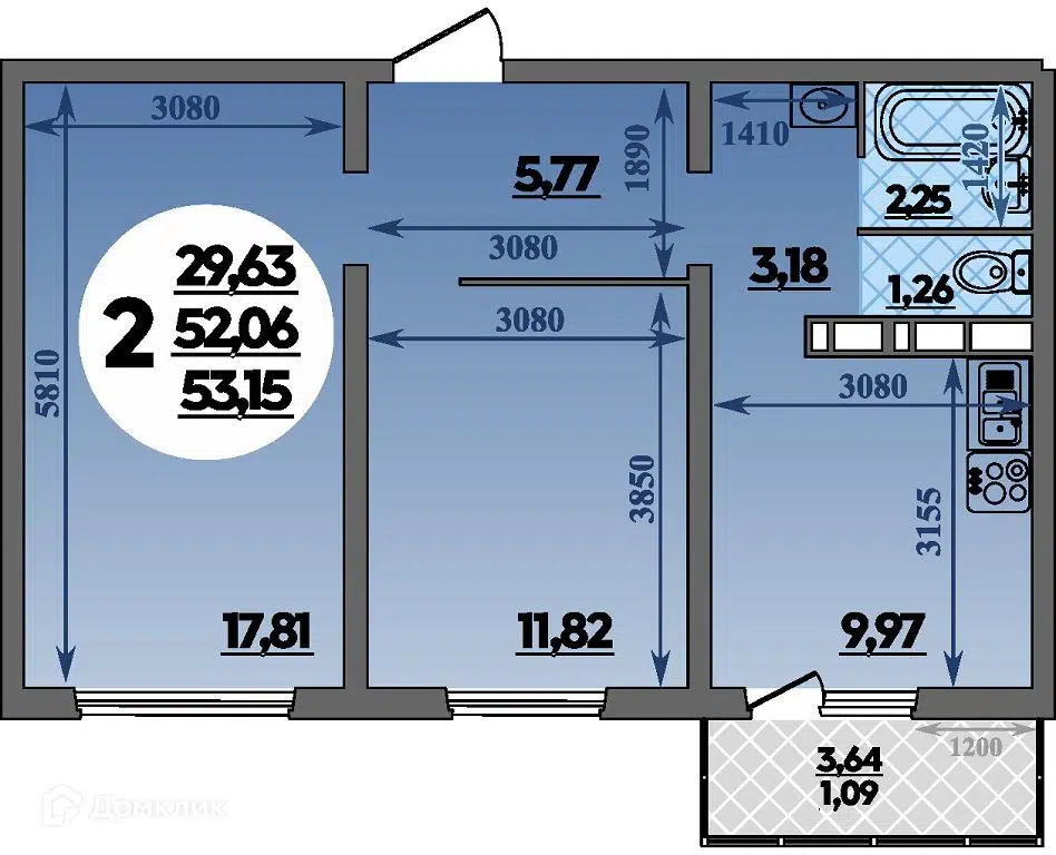 Планировка: 2-комн. квартира 53.15 м² в новостройке Романовский