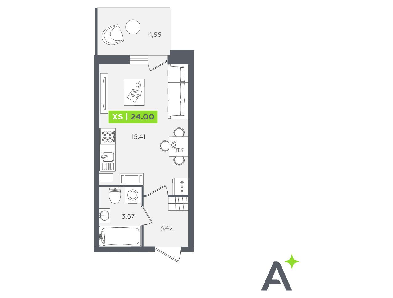 Планировка: Студия 24.00 м² в новостройке Аквилон Сторис