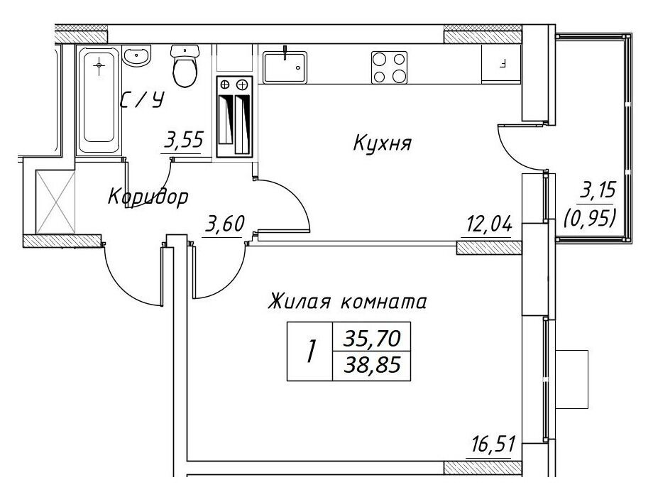 Планировка: 1-комн. квартира 38.85 м² в новостройке Большевик (Дмитров)