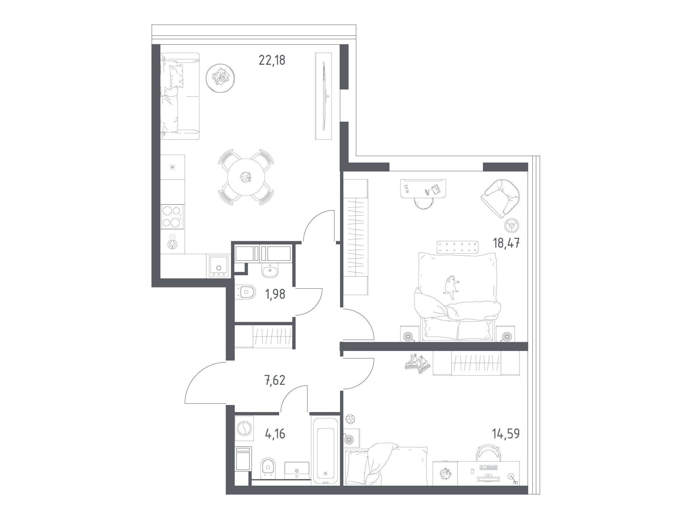 Планировка: 2-комн. квартира 69.50 м² в новостройке Октябрьская 98