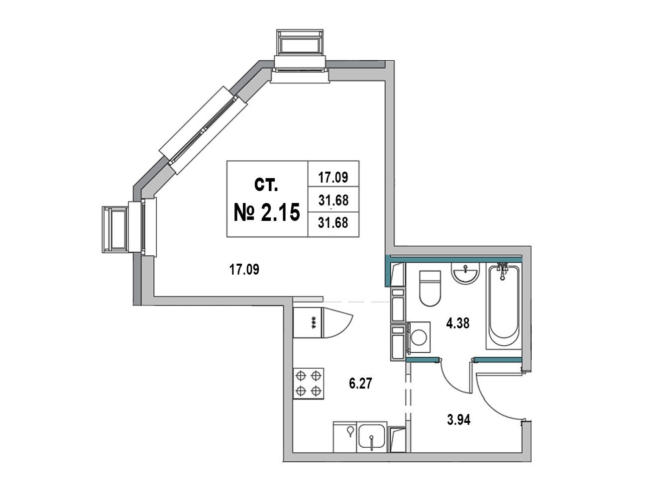 Планировка: Студия 31.68 м² в новостройке Новый город