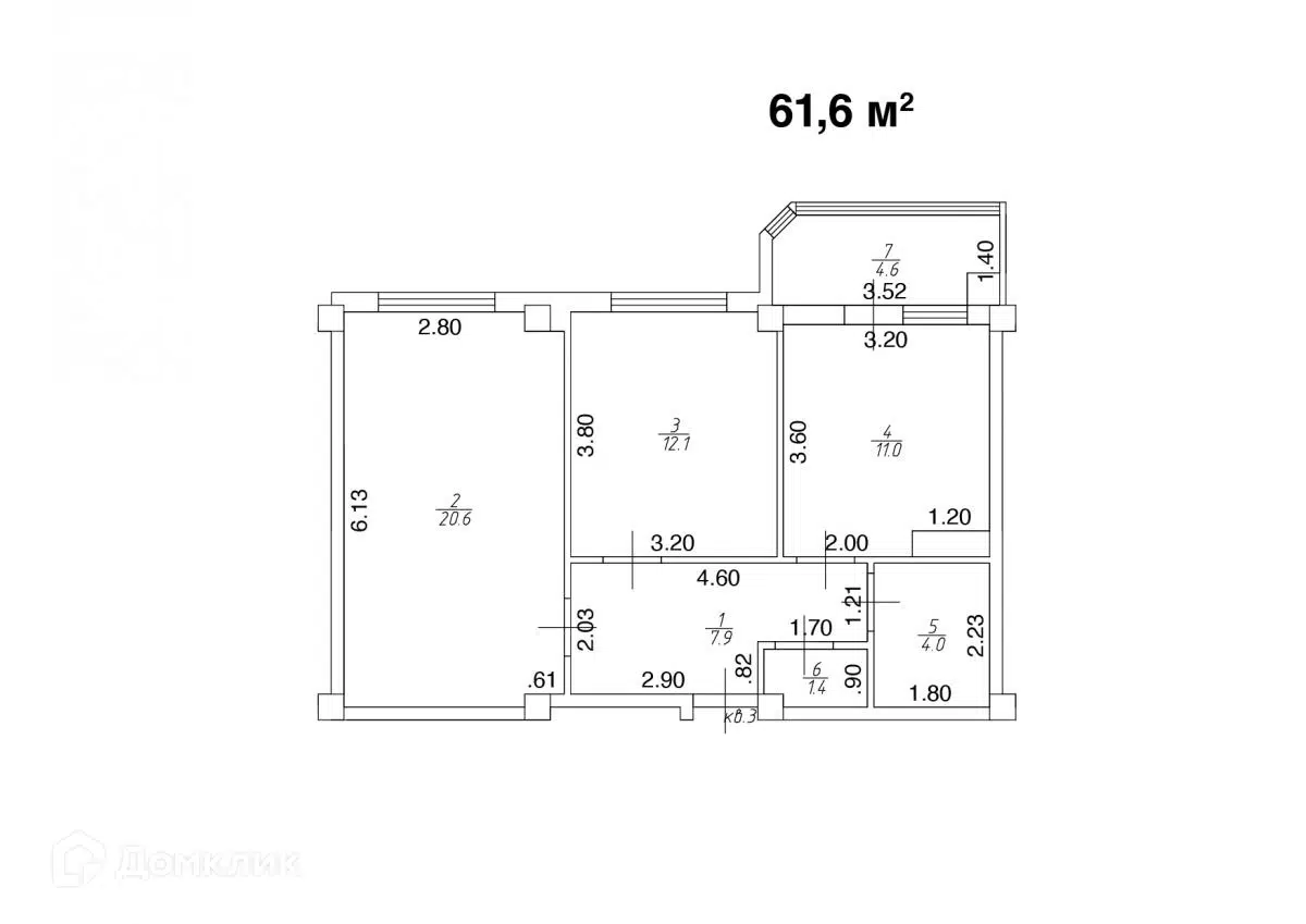 Планировка: 2-комн. квартира 61.60 м² в новостройке Квартал Лета