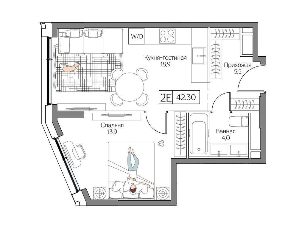Планировка: 1-комн. квартира 42.00 м² в новостройке Дрим Рива