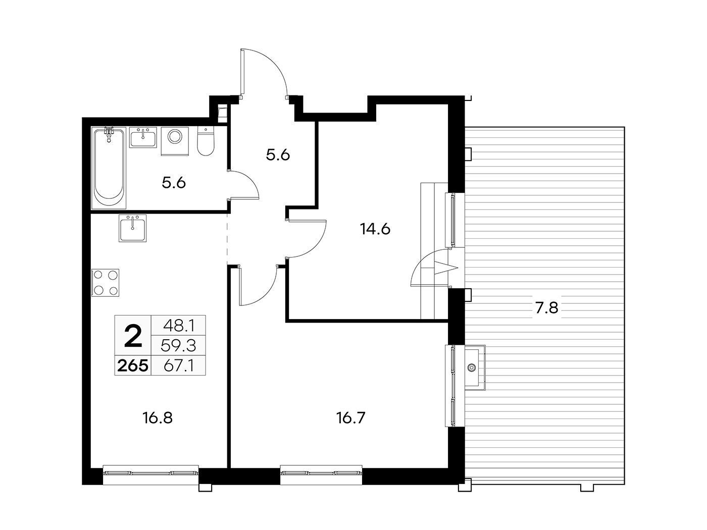 Планировка: 2-комн. квартира 66.90 м² в новостройке Куркино