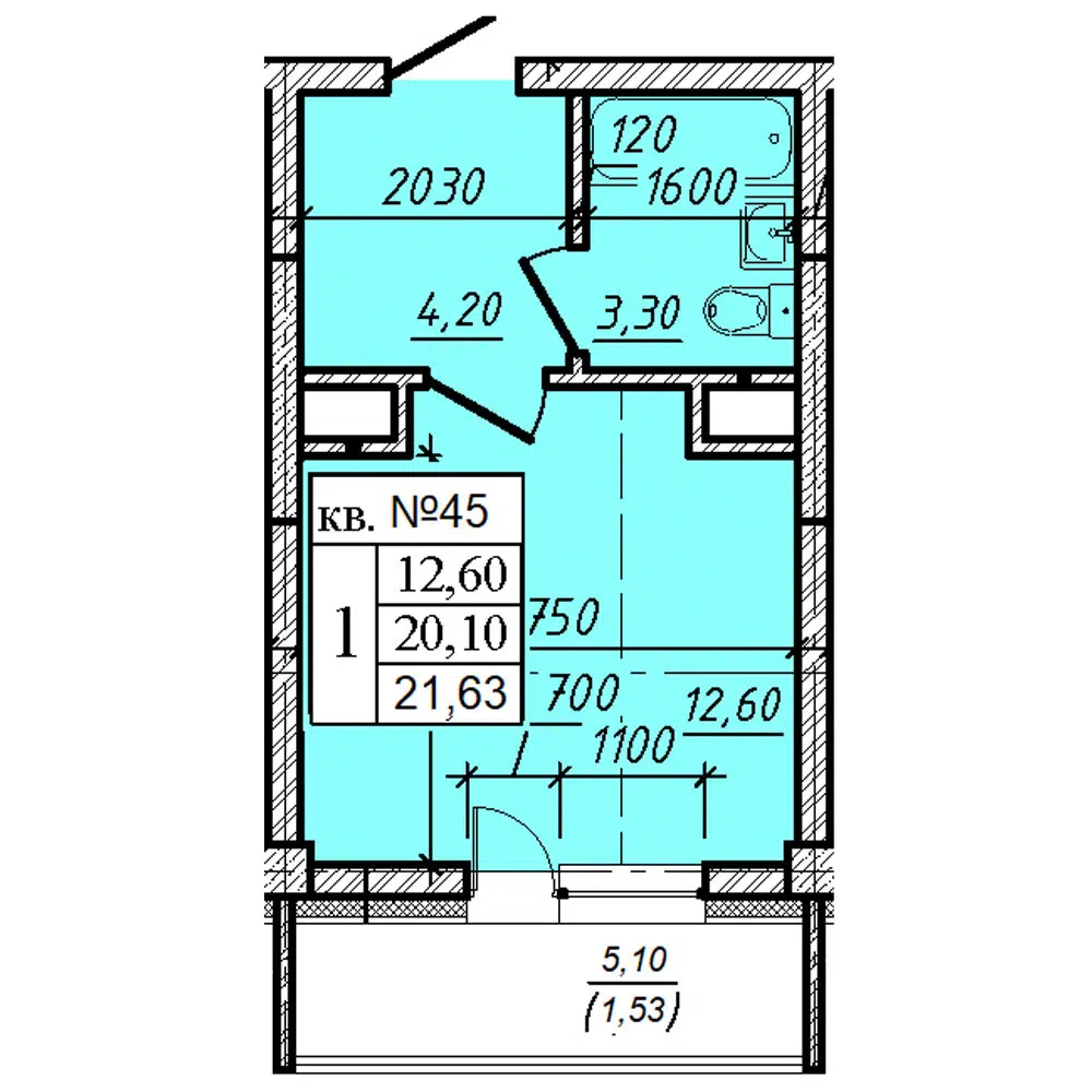Планировка: 1-комн. квартира 21.63 м² в новостройке Дом на 6-й Линии