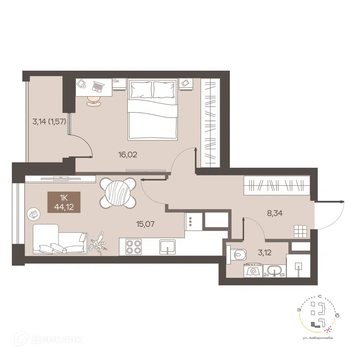 Планировка: 1-комн. квартира 44.12 м² в новостройке Заря на Завертяева