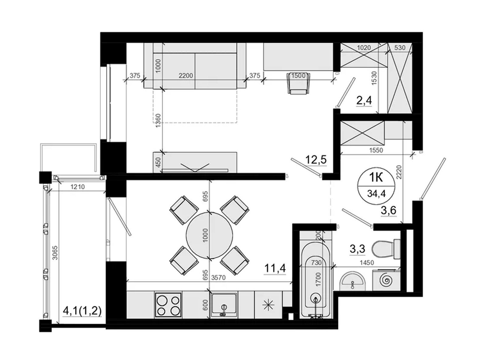 Планировка: 1-комн. квартира 34.40 м² в новостройке ЖК Союзный