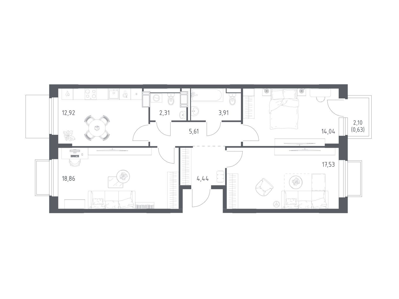 Планировка: 3-комн. квартира 78.80 м² в новостройке Томилино Парк