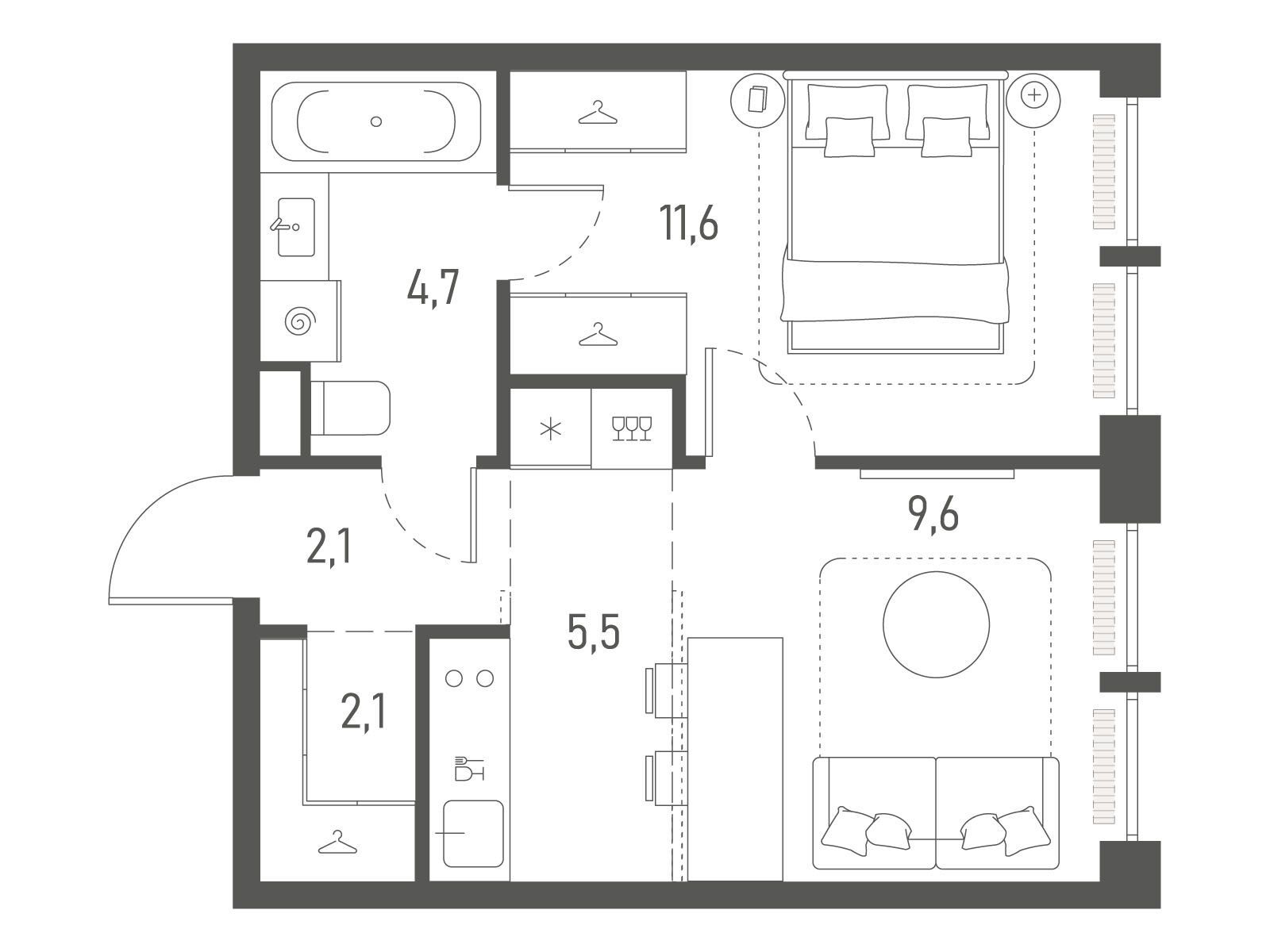 Планировка: 1-комн. квартира 35.60 м² в новостройке Среда на Лобачевского