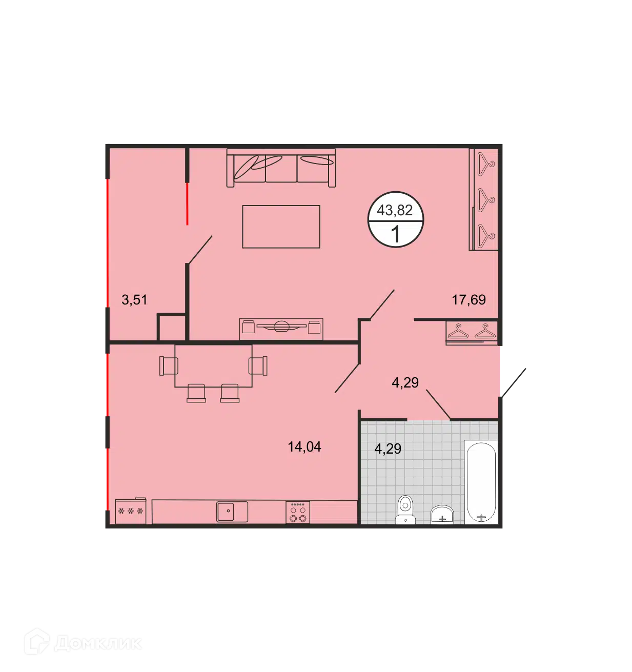 Планировка: 1-комн. квартира 43.82 м² в новостройке Дыхание