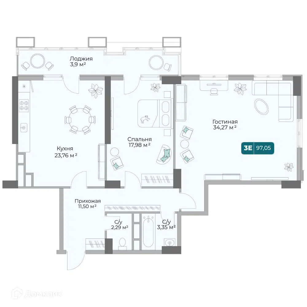 Планировка: 2-комн. квартира 97.05 м² в новостройке Золотой Берег 1