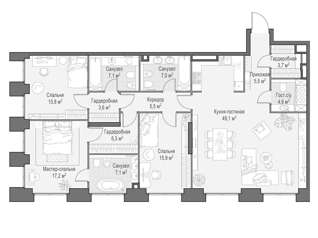 Планировка: 4-комн. квартира 148.50 м² в новостройке Лайф тайм