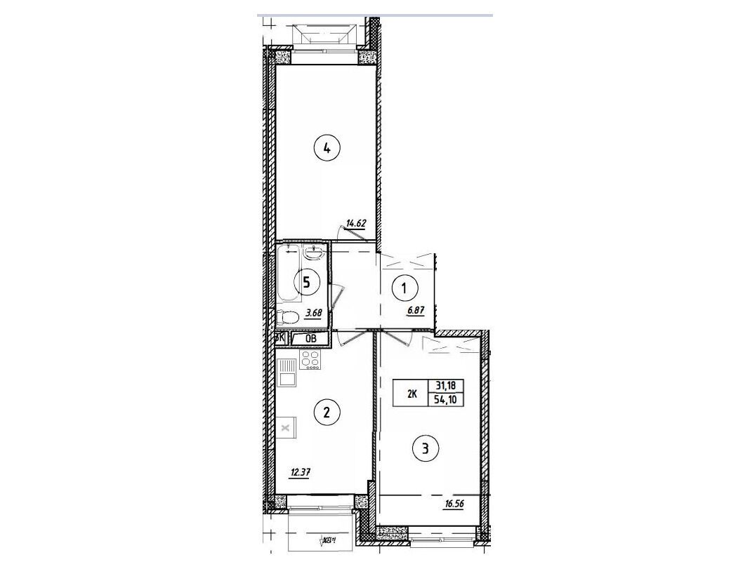 Планировка: 2-комн. квартира 54.10 м² в новостройке Парковый