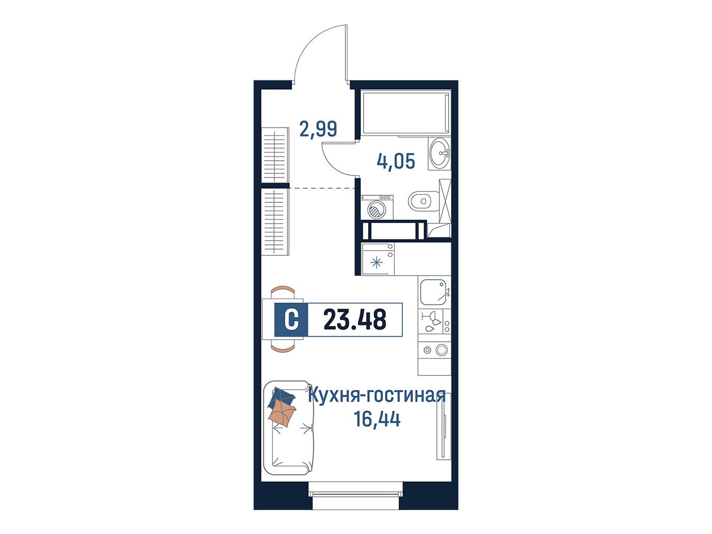 Планировка: Студия 23.48 м² в новостройке Максималист