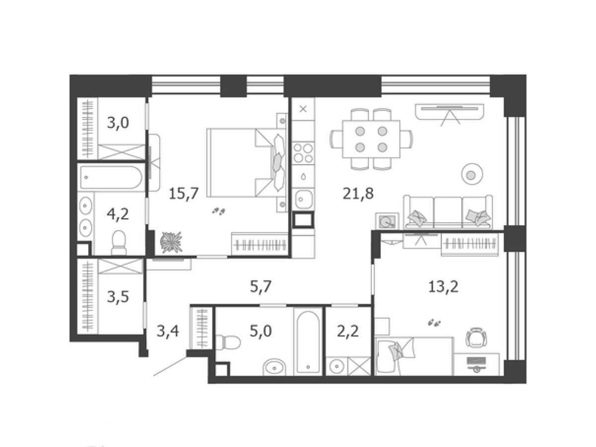 Планировка: 2-комн. квартира 77.70 м² в новостройке Шагал